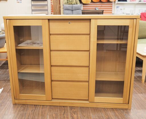 ホクレンホームセンター キャビネット ウィンド 120 ナチュラル サイドボード 食器棚 タモ材 幅120㎝ ×奥行 30㎝× 高さ 87.5㎝