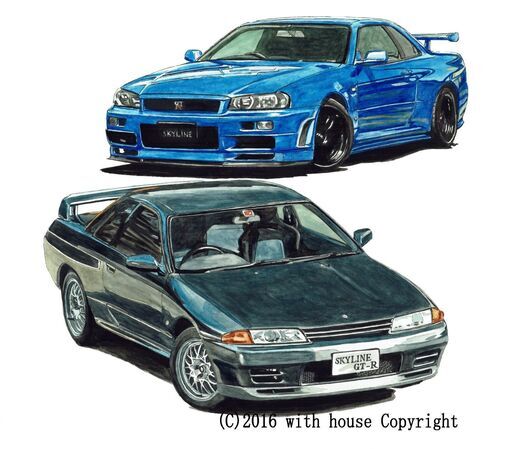 NC-388 スカイラインGT-R R34/スカイラインGT-R R32 限定版画 直筆サイン有 額装済 作家 平右ヱ門