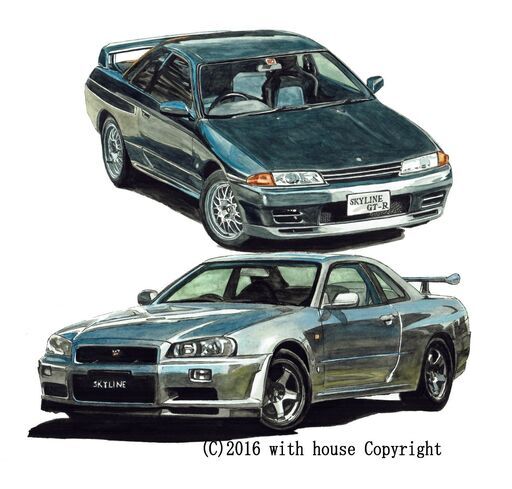 NC-389 スカイラインGT-R R34/スカイラインGT-R R32 限定版画 直筆サイン有 額装済 作家 平右ヱ門