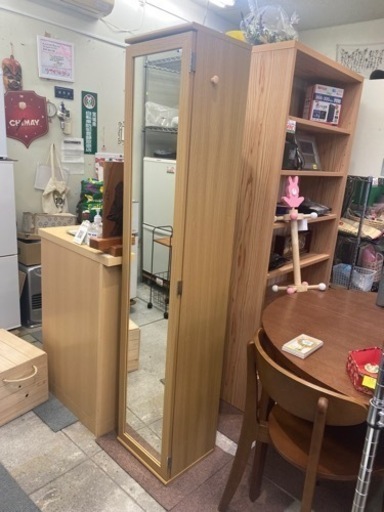 ミラー付 ストッカー 本棚 収納 下駄箱 鏡付 ナチュラル 中古