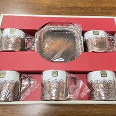 【7265‐4】デミタスセット ハッピータイム 5客セット カップ ソーサー コースター ホルダー 食器 洋食器 茶器 昭和レトロ 未使用品の画像