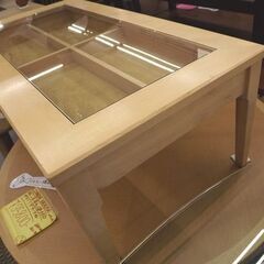 お値下げ！ 北海道民芸 センターテーブル 引出し付き ガラス天板 幅105㎝ ナチュラルブラウン ローテーブル 札幌 西岡店の画像