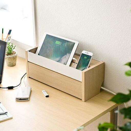 【値下げしました】ケーブルボックス 卓上サイズ 木目調 電源タップ コード 収納ボックス スマホスタンドつき