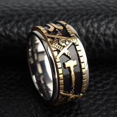 【金×黒×銀】フリーメイソン柄　アレルギーフリーチタンリング