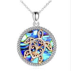 J→→→M17-22★七色天然アワビ貝パール金亀 虹色の海 プラチナ仕上 925シルバーネックレス 誕生日プレゼント冬休正月ギフト国内発送の画像