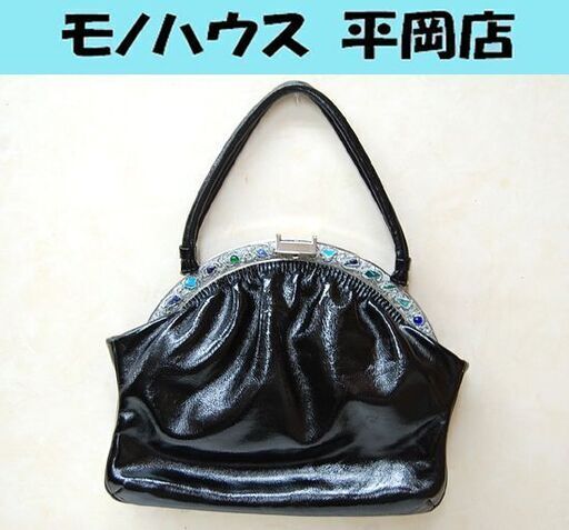 濱野皮革工藝 ハンドバッグ サン・ピエトロ 黒 ブラック 半貴石 ビジュー付き がま口 フォーマル ハマノ Hamano 札幌市 清田区 平岡