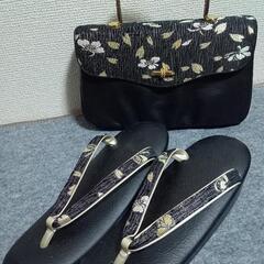 未使用新品　黒地に桜柄　和装バッグと草履