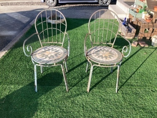 アイアンガーデンチェア　2脚セット　座面タイル