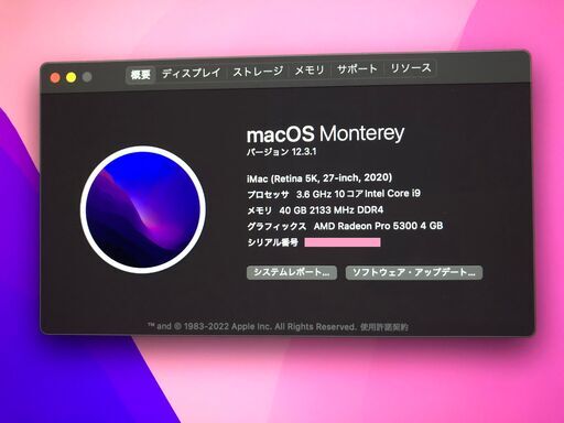 Apple iMac 2020 27inch メモリ : 40GB, SSD : 500GB
