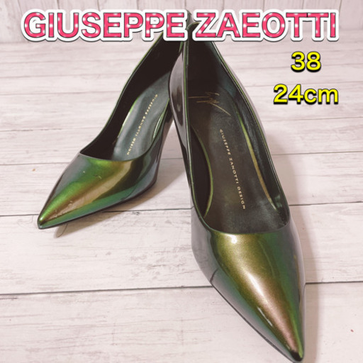 H1479 ジュゼッペザノッティ　38 24cm エナメル　グリーン　ヒール　緑