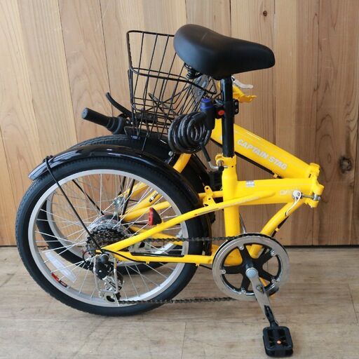 330)【美品】CAPTAIN STAG Oricle 折りたたみ自転車 20インチ 黄色 イエロー カゴ付き 6段変速 前後泥よけ オリクル キャプテンスタッグ 330)【美品】CAPTAIN STAG Oricle 折りたたみ自転車 20インチ 黄色