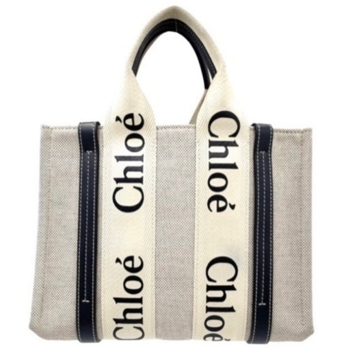 Chloe クロエ ハンドバッグ WOODY ウッディ スモールトートバッグ キャンバス レザー かばん 鞄 CHC21US385E6691J  リネンキャンバス  カーフスキン  ベージュ ブラック 黒 レディース ギフト【中古品】