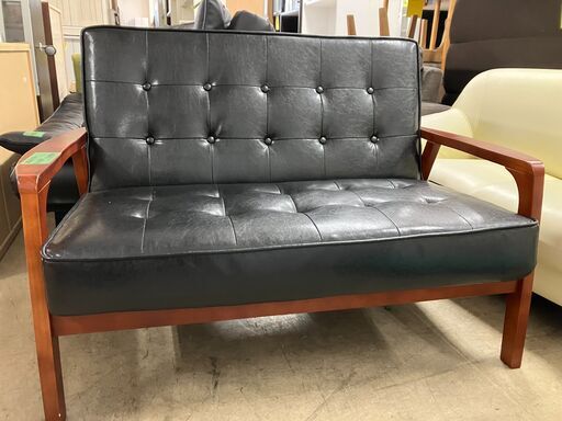 ソファー 2人掛け 幅116cm 天然木 アンティーク ソファ ファブリック アンティーク調 レトロ おしゃれ 黒 フェイクレザー クリーニング済 堺市 石津店 【ジャングルジャングル石津店