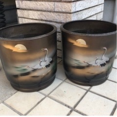 ◆宣徳火鉢　手あぶり火鉢　一対　◆月夜に鶴　