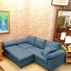 カウチソファー□L字ソファー□ブルー□布製□3人用□クッション