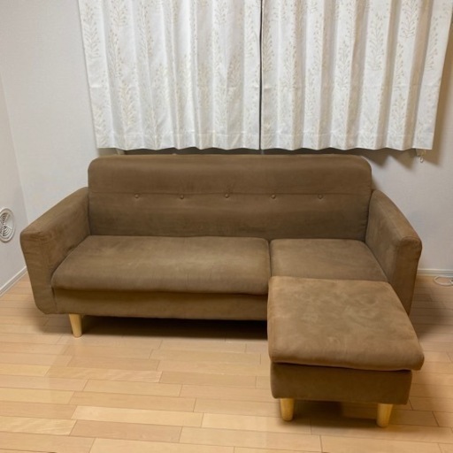 オットマン付きL字ソファ　ブラウン