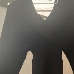 ニットワンピース　前後カシュクールリブ編みニットロングワンピース　黒　長袖の画像