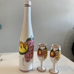 スペイン製陶器ワインボトル、グラス(未使用)