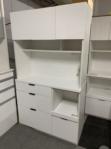 ニトリ/NITORI キッチンボード 食器棚 エトナ105KB ホワイト/シルバー 幅105cm レンジボード 収納 中古家具 店頭引取歓迎 R6822)