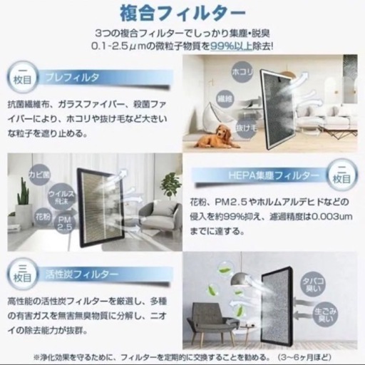 【新品】空気清浄機　花粉　PM2.5 空気清浄器  マイナスイオン　除菌　軽量　白
