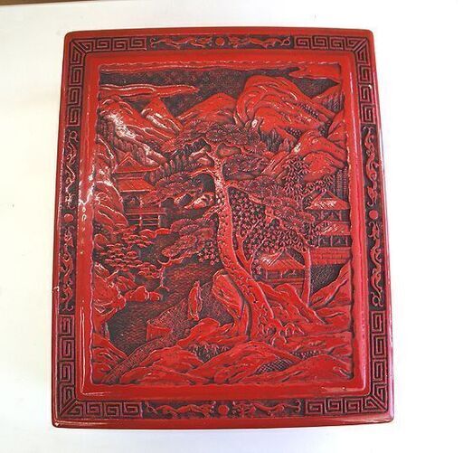 ☆ 堆朱 文箱 縦29×横23.5×高さ10cm 道具入れ 漆器 漆塗 彫漆 伝統工芸品 飾り箱 硯箱 書道箱 小物入れ 入れ物 ケース 札幌 東区 北20条店