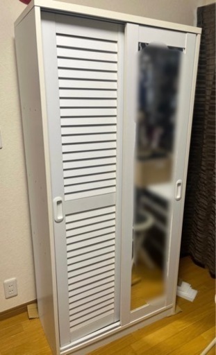 【決定済み】［ホワイト］ミラー付ルーバー扉大量収納シューズボックス