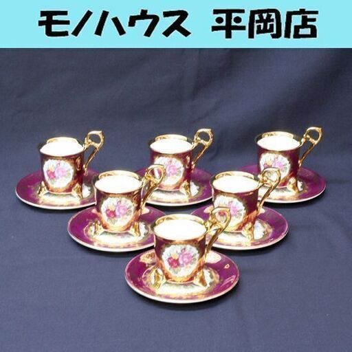 希少 大橋陶器 カップ&ソーサー 6客組 昭和レトロ 猫脚 ハイハンドル ワインレッド系 花柄 金彩 OHASHI CHINA 193