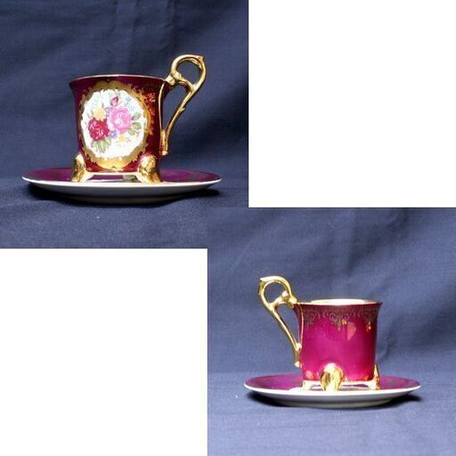 希少 大橋陶器 カップ&ソーサー 6客組 昭和レトロ 猫脚 ハイハンドル ワインレッド系 花柄 金彩 OHASHI CHINA 193