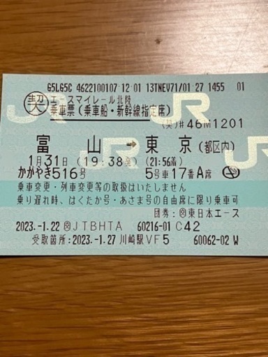 富山発東京行きの新幹線切符です。1月31日の新幹線です