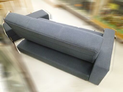 3人掛け ソファベッド 幅153.5x奥行80-101x高さ48-76cm 3Pソファー オットマン付 ブルー系 ネイビー ファブリッ