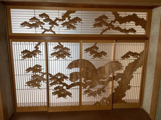 書院欄間　書院障子　組子　彫刻書院ガラス障子セット