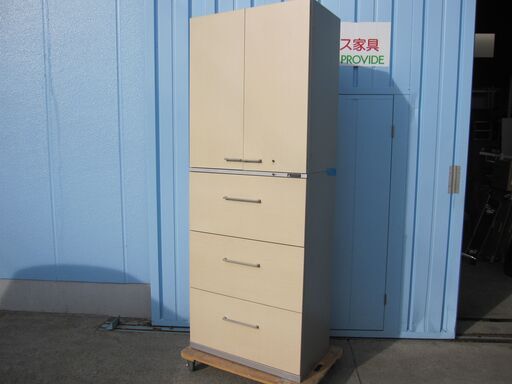 上下書庫セット　鍵あり　両開き/3段ラテラル　木目チーク　オカムラ製4D314Y Z786 4D75ZB Z786