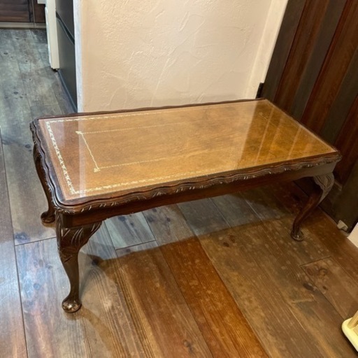 アンティーク　ローテーブル　レザー／ガラス　猫足