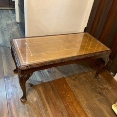 アンティーク　ローテーブル　レザー／ガラス　猫足 アンティーク ローテーブル レザー／ガラス 猫足