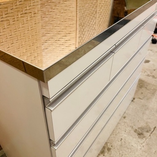 【売約済み】　キッチンカウンター ステンレス天板 幅90.5cm 高さ85cm キャスター付き 裏面化粧 コンセント ステンレスキッチ
