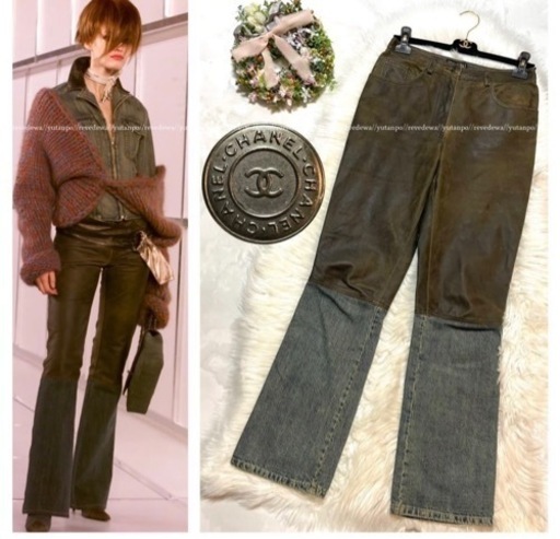 ⭕️ 本物 ランウェイ シャネル レザー切替 デニム パンツ ジーンズ 青 茶 38 CHANEL コレクションモデル ⭕️