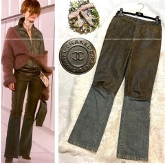 ⭕️ 本物 ランウェイ シャネル レザー切替 デニム パンツ ジーンズ 青 茶 38 CHANEL コレクションモデル ⭕️
