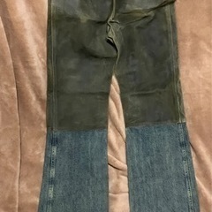 ⭕️ 本物 ランウェイ シャネル レザー切替 デニム パンツ ジーンズ 青 茶 38 CHANEL コレクションモデル ⭕️の画像