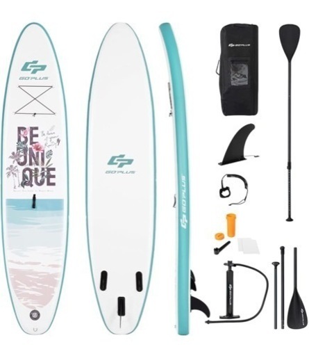 GYMAX SUP パドルボード インフレータブル スタンドアップパドルボード 320x76x15cm 耐荷重120kg 収納バッグ付き サップボード SUPセット パドル フィン ハンドエアーポンプ付き 湖 川 釣り ヨガ 水上散歩 海 サーフィン 初心者 軽量 安定 滑り止め (ライトブルー)