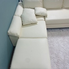 3人掛けソファー カウチ ホワイト 合皮 一部汚れありの画像