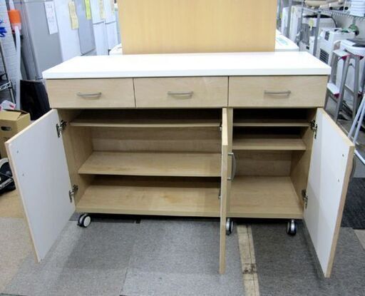 幅119.5㎝ キッチンカウンター キャスター付 ホワイト/ナチュラル リビングボード 食器棚 サイドボード 高さ82㎝ 札幌 北20