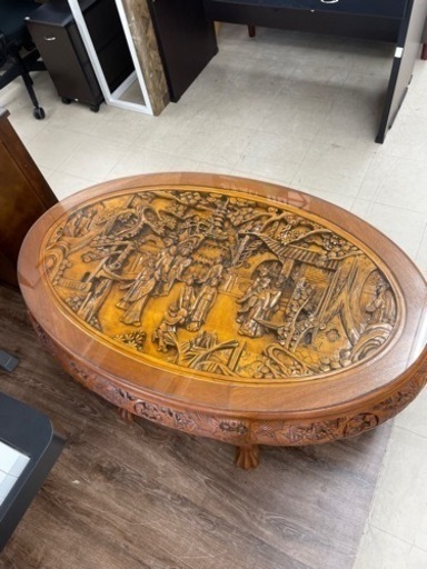 ★517『レア物』中国民芸座卓 テーブル 彫刻 ガラス付き 【リサイクルマート鹿児島宇宿店】