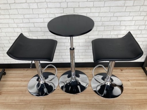【6月末まで】カウンターチェア&コーヒーテーブル　セット　カフェチェア　バーチェア　イス　ガス圧昇降式　レバー操作　360°回転　足置き付き　滑り止め　黒　ブラック