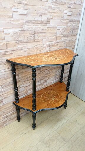 アンティーク家具 イタリア製 コンソールテーブル 台形 2段 4本脚 象嵌