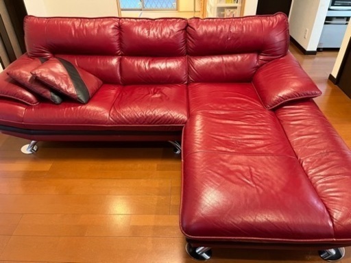 ニトリ　カウチソファ　赤　本革コーナーソファ(ロゾKD GY LC)