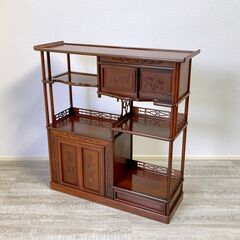 希少唐木 花梨 茶棚 花鳥図彫刻 透かし彫り 違い棚 飾り棚 A1BZ0603