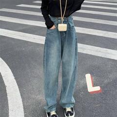 Lサイズ　バギージーンズ ハイウエスト デニム 細見え 脚長効果　E1