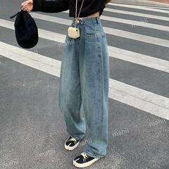 Lサイズ　バギージーンズ ハイウエスト デニム 細見え 脚長効果　E1の画像