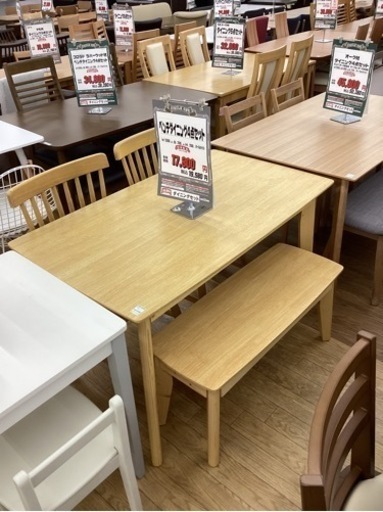 KB-37【新入荷　リサイクル品】ベンチダイニング4点セット　ナチュラル