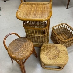 値下　中古藤製品5点セット　キャスター付も